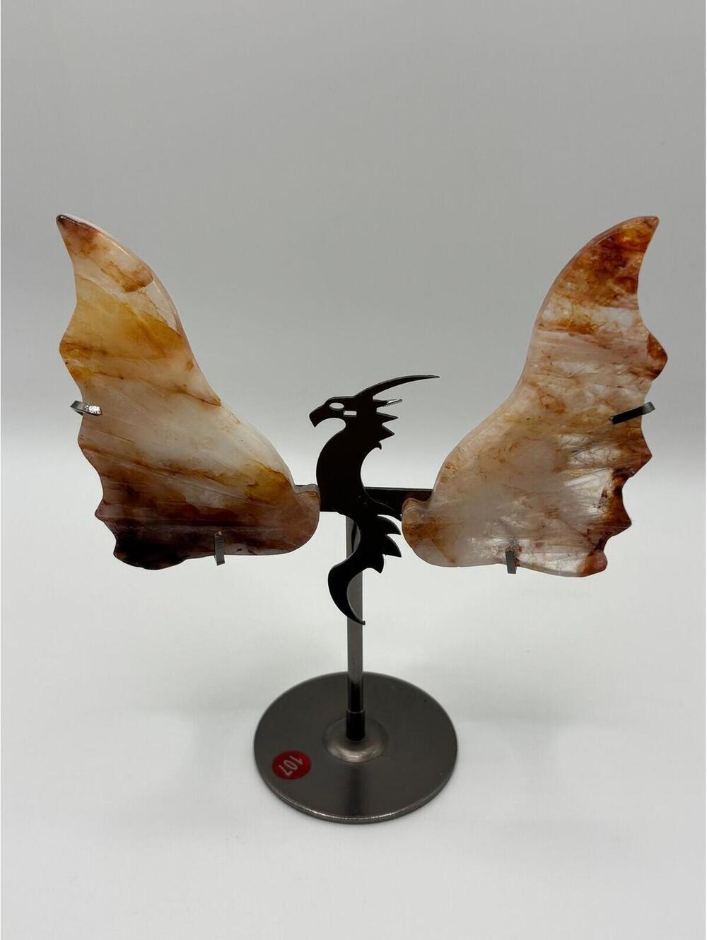 Carved Fire Quartz Dragon Wings on Stand